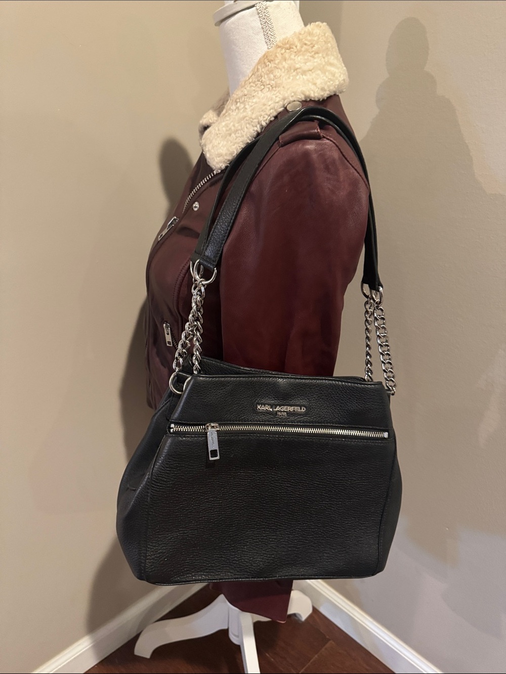 Karl Lagerfeld Paris Black Pebbled Leather Triple Entry Shoulder Bag Tote